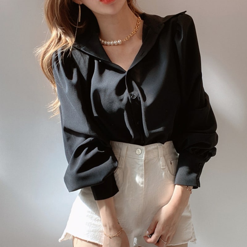 Lapel Single-Breasted Blouse With Lantern Sleeves Women