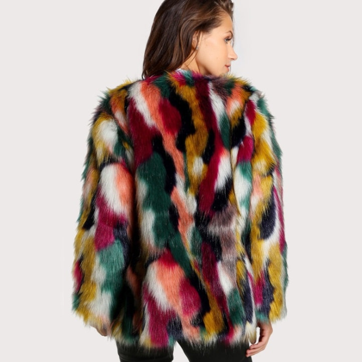 Winter Color Fur Coats Women Elegant Fur Coats Colorful Faux Fur Coat Brand Fashion Long Sleeve Collarless Casual Woman Fur Coat