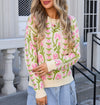 Jacquard Branch Round Neck Knitted Fashion Sweater Women