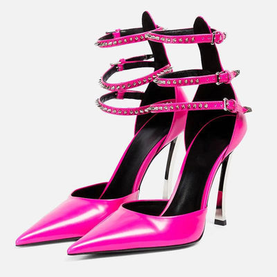 Pointed Patent Leather Hollow Belt BuckleWrapped Toe Single Shoes
