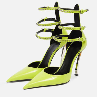 Pointed Patent Leather Hollow Belt BuckleWrapped Toe Single Shoes