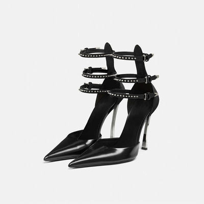 Pointed Patent Leather Hollow Belt BuckleWrapped Toe Single Shoes