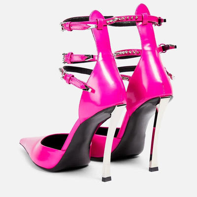 Pointed Patent Leather Hollow Belt BuckleWrapped Toe Single Shoes